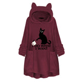 Hooded Pullover Cat Print Long Sleeved Reversible Velvet Sweater
