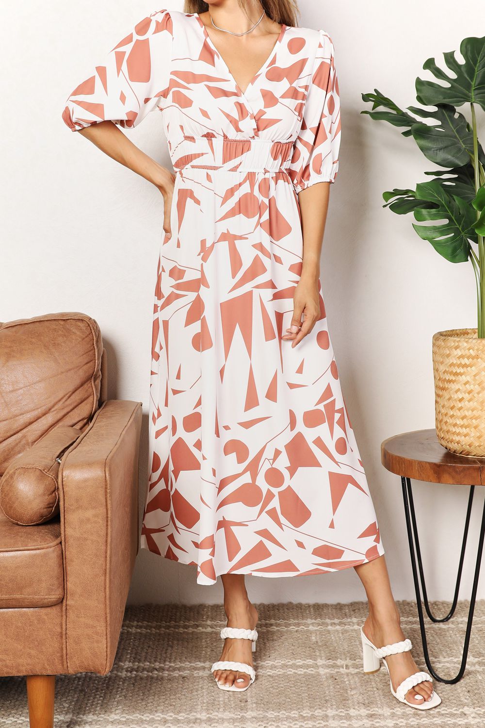 Double Take Printed Surplice Balloon Sleeve Dress
