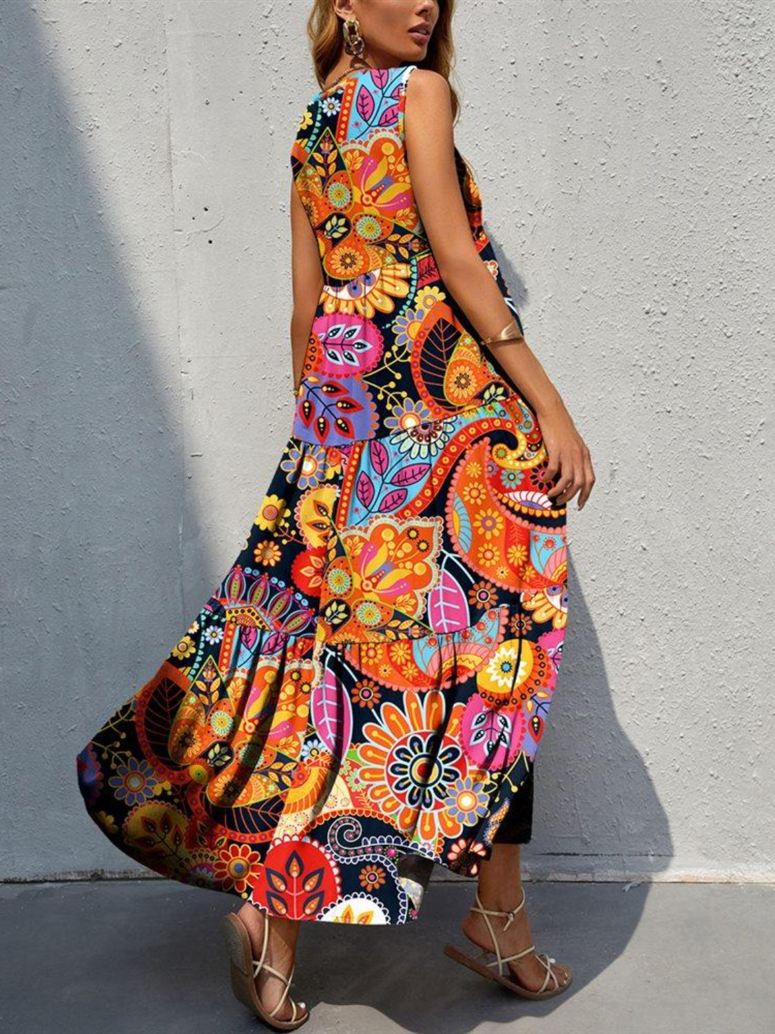 Tiered Printed V-Neck Sleeveless Dress
