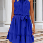 Ruched Grecian Neck Tie Waist Mini Dress
