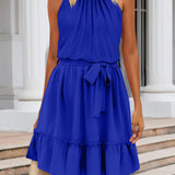 Ruched Grecian Neck Tie Waist Mini Dress
