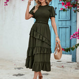 Ruffled Elastic Waist Midi Skirt
