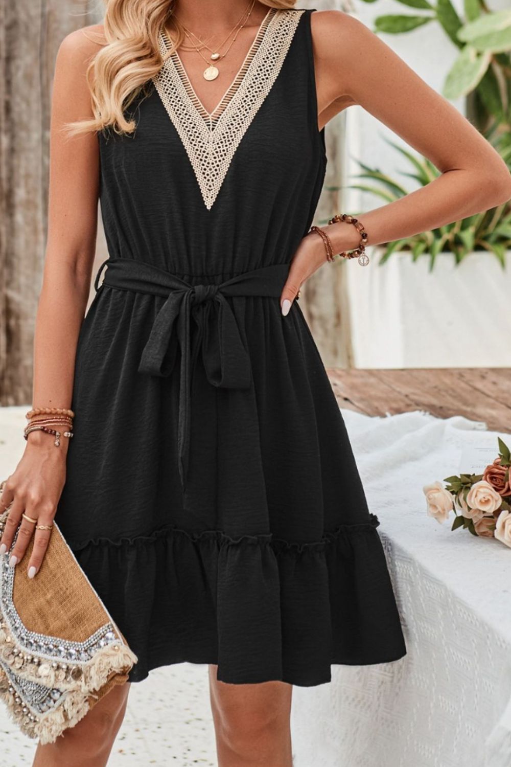 Tied Frill Sleeveless Mini Dress
