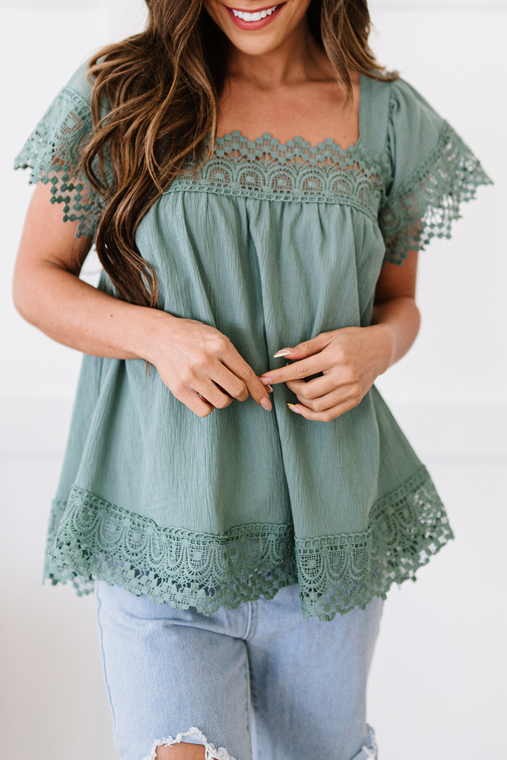 Lace Detail Square Neck Short Sleeve Blouse
