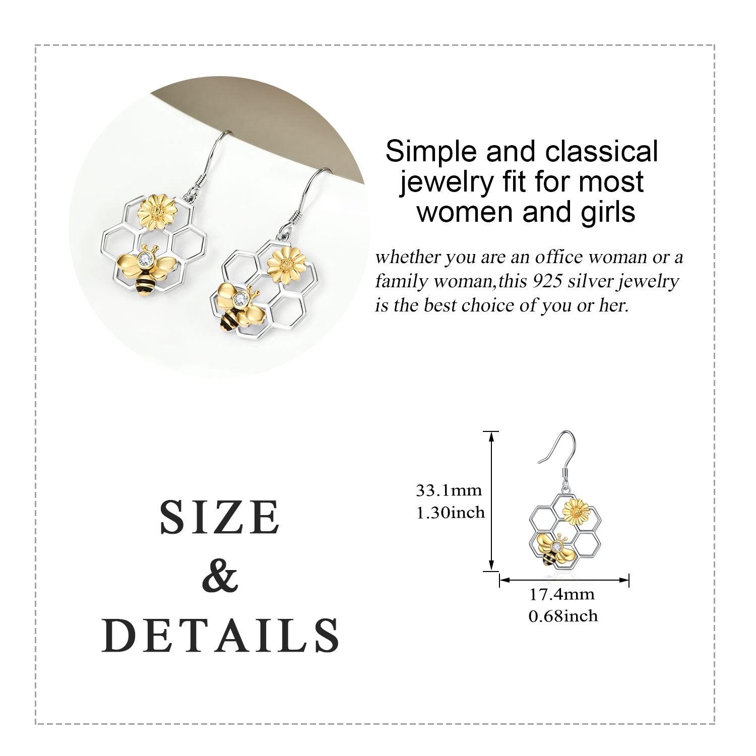 925 Sterling Silver Beehive Honeycomb and Bee Earrings for Women
