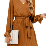 Surplice Flounce Sleeve Pleated Mini Dress
