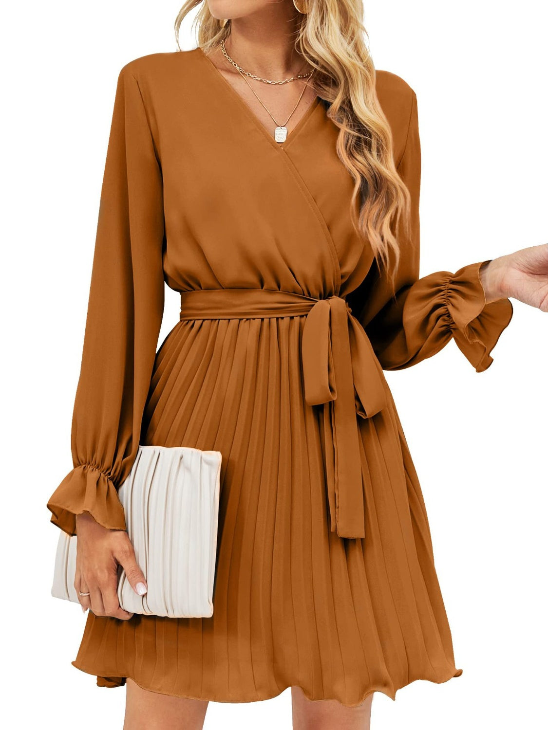 Surplice Flounce Sleeve Pleated Mini Dress
