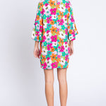 GeeGee Full Size Floral Round Neck Lantern Sleeve Mini Dress
