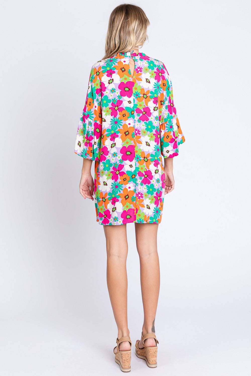 GeeGee Full Size Floral Round Neck Lantern Sleeve Mini Dress
