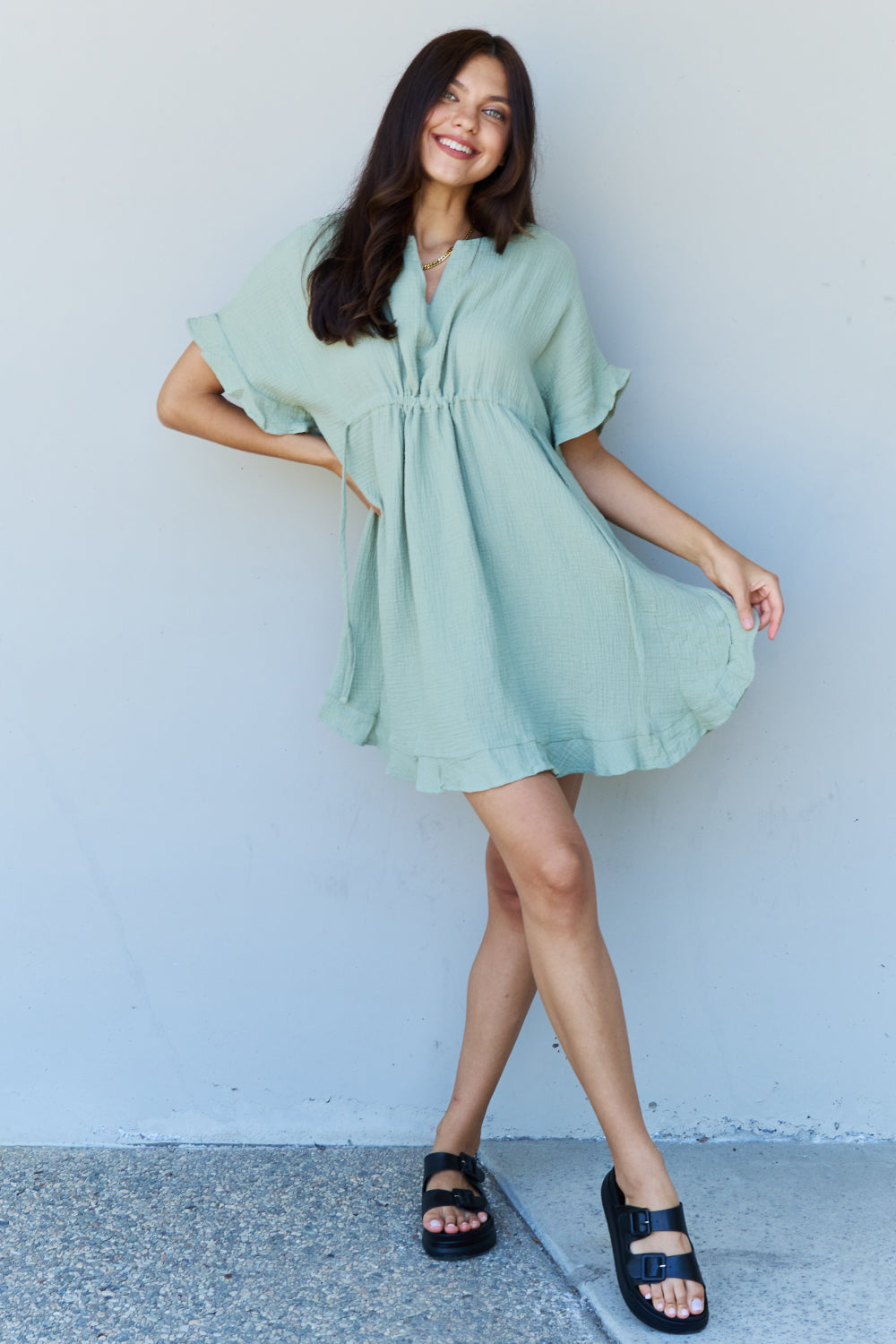 Ninexis Out Of Time Full Size Ruffle Hem Dress with Drawstring Waistband in Light Sage
