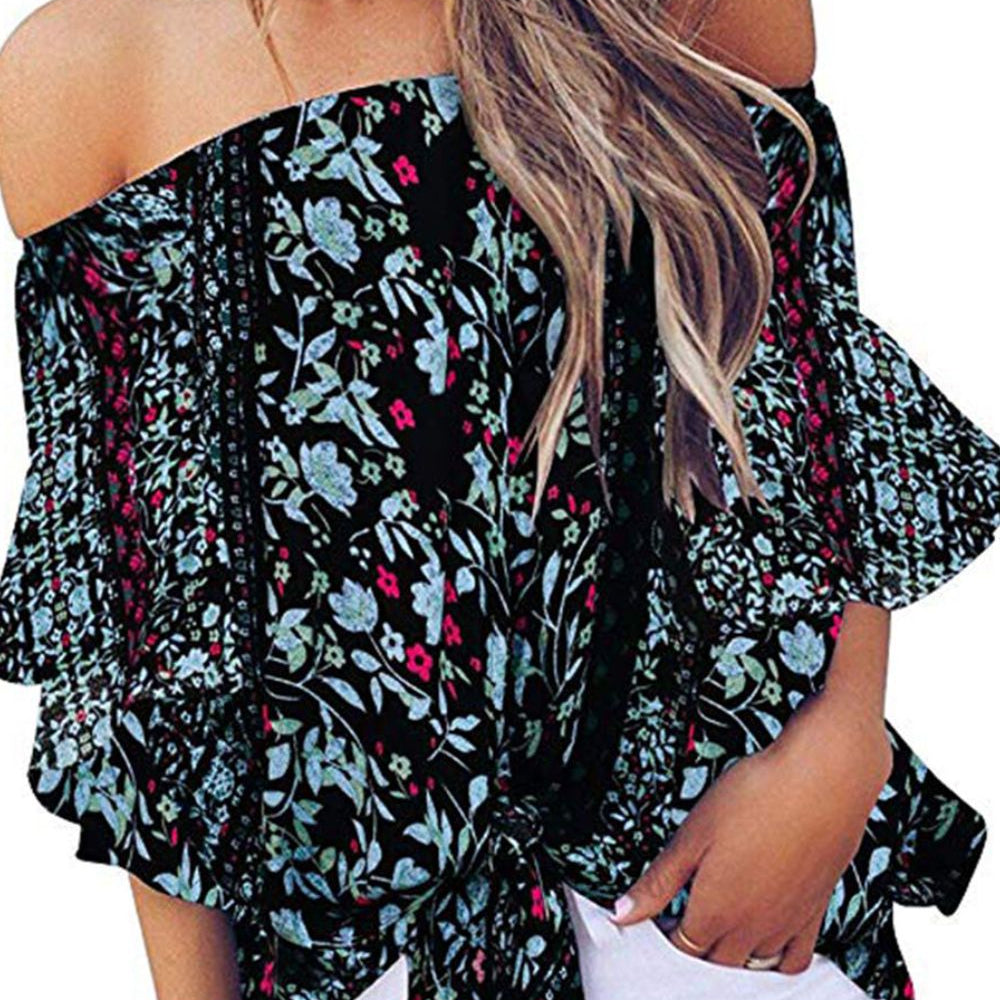 Tied Printed Off-Shoulder Half Sleeve Blouse
