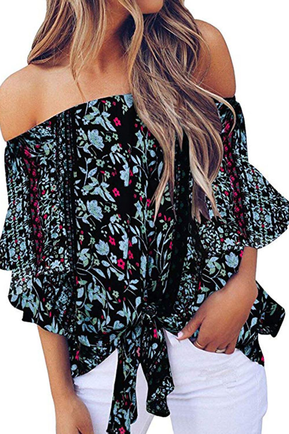 Tied Printed Off-Shoulder Half Sleeve Blouse
