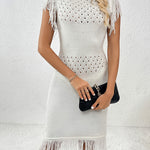 Fringe Openwork Boat Neck Knit Dress
