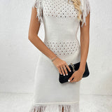 Fringe Openwork Boat Neck Knit Dress
