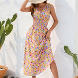 Smocked Printed Surplice Sleeveless Dress
