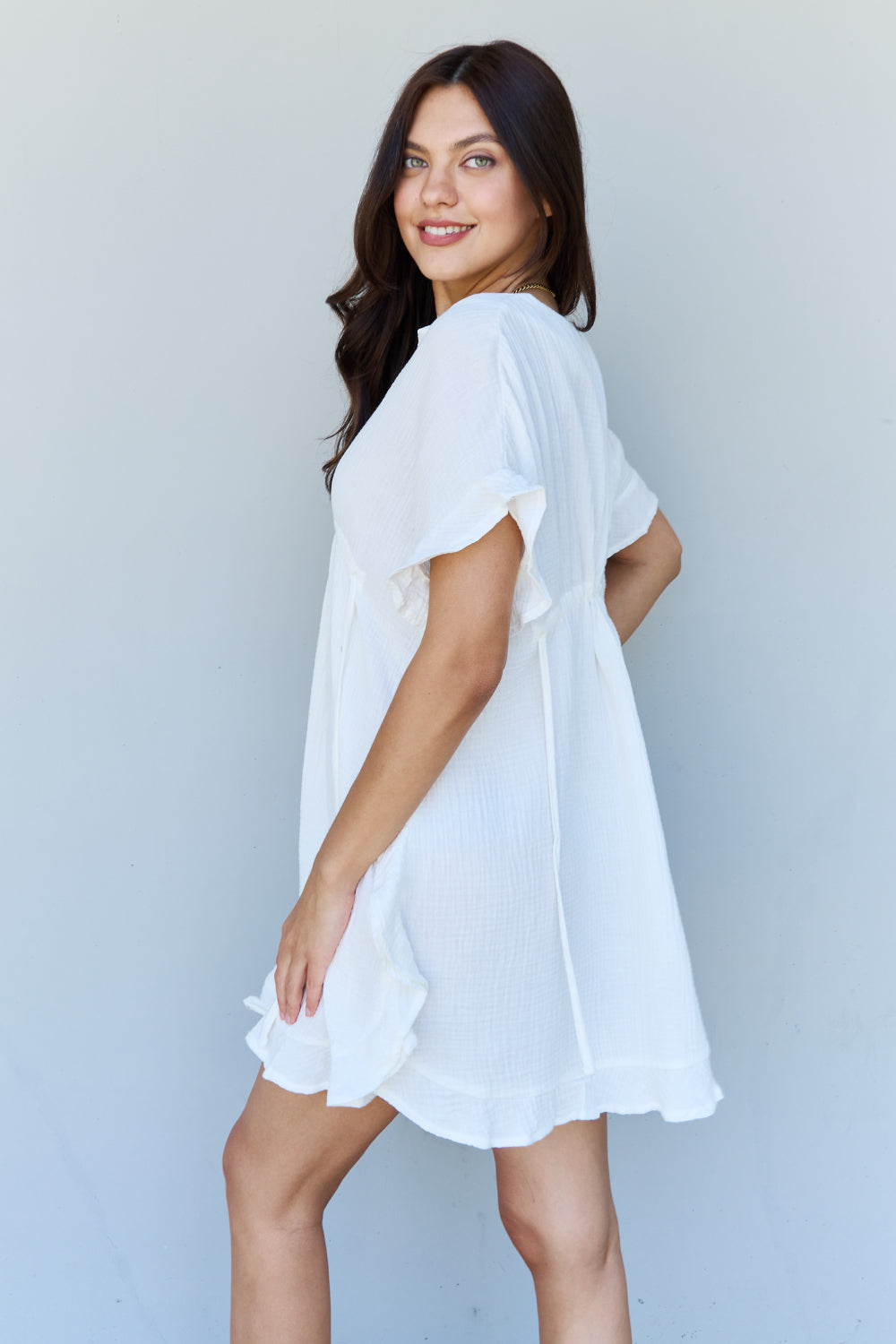 Ninexis Out Of Time Full Size Ruffle Hem Dress with Drawstring Waistband in White
