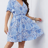 Plus Size Surplice Flutter Sleeve Mini Dress
