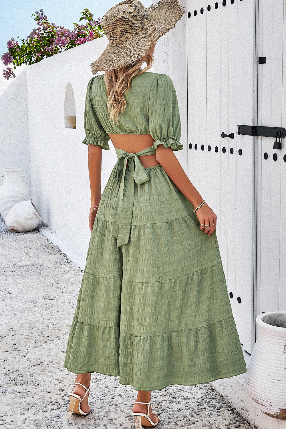 Tie Back Short Sleeve Tiered Dress
