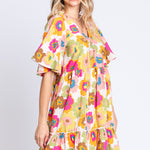 GeeGee Full Size Floral V-Neck Ruffle Trim Mini Dress
