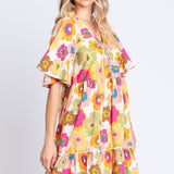 GeeGee Full Size Floral V-Neck Ruffle Trim Mini Dress
