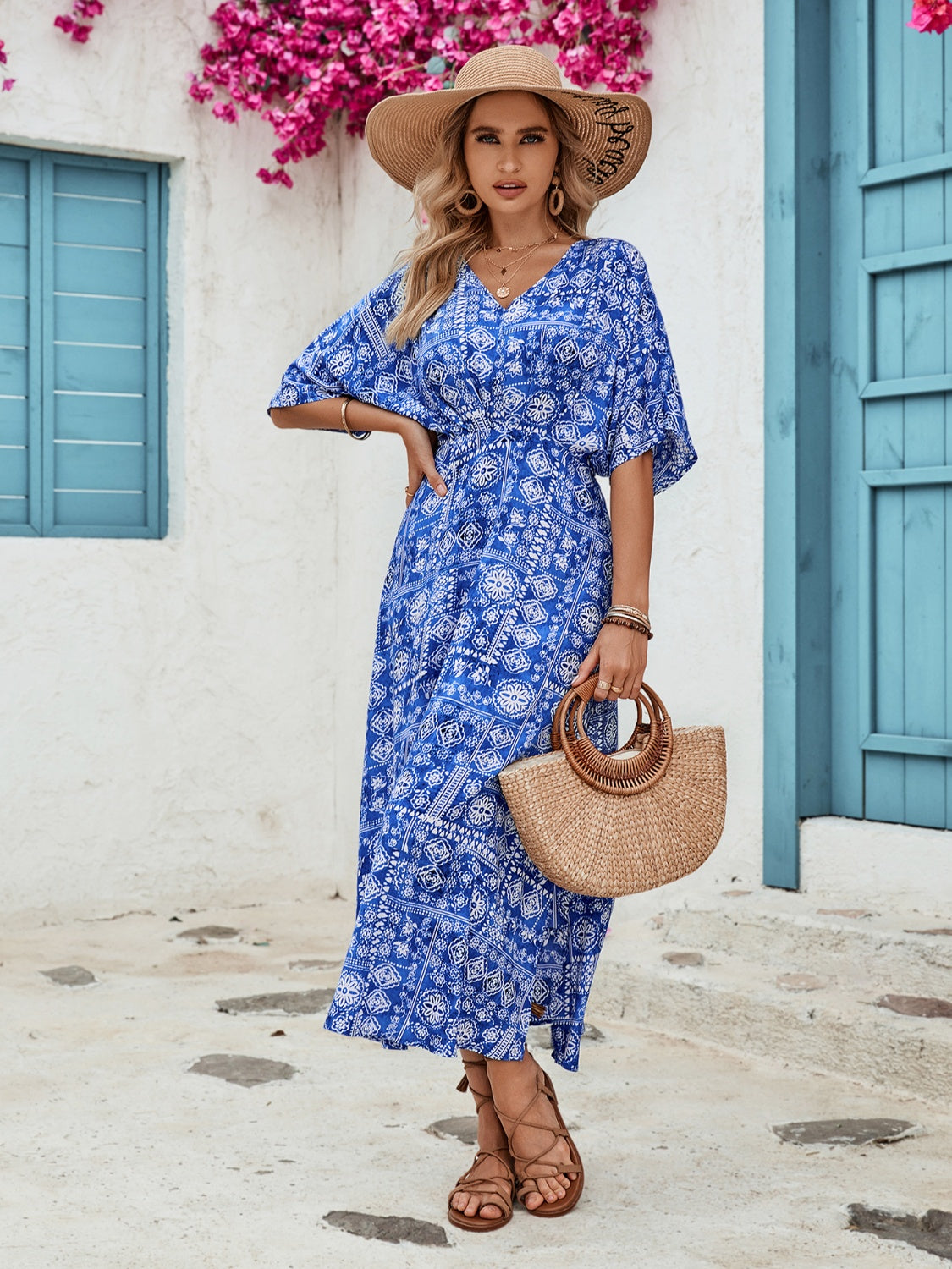 Slit Printed V-Neck Half Sleeve Dress
