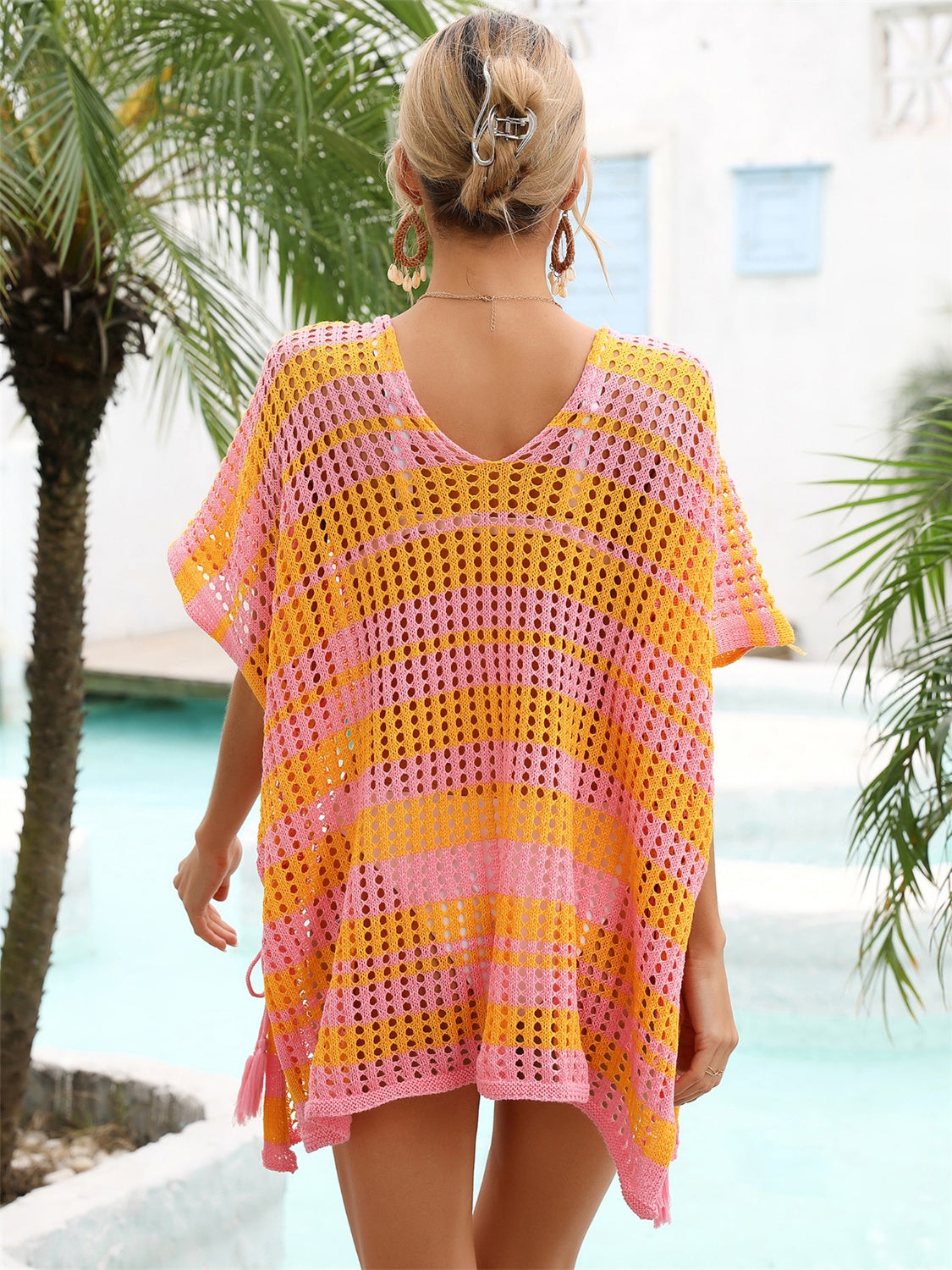 Tassel Openwork Striped V-Neck Cover Up
