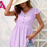 Decorative Button V-Neck Cap Sleeve Blouse
