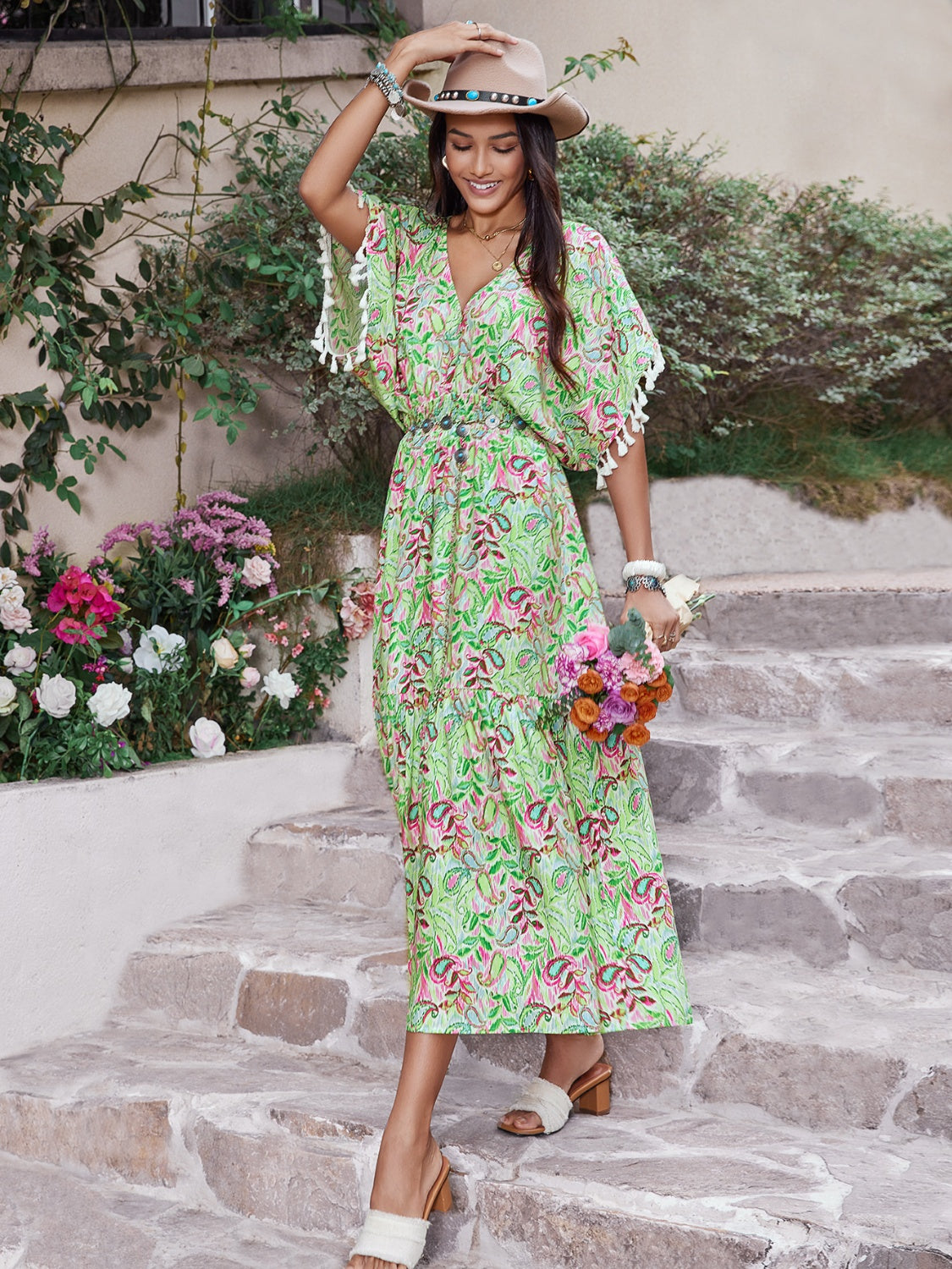 Smocked Floral V-Neck Short Sleeve Dress
