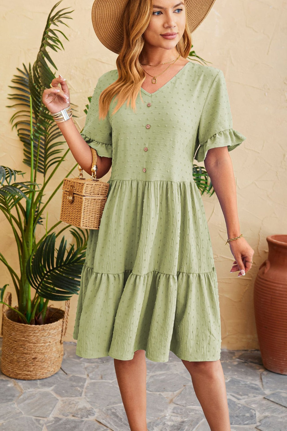 Swiss Dot Ruffled V-Neck Tiered Dress
