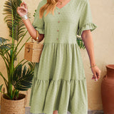 Swiss Dot Ruffled V-Neck Tiered Dress
