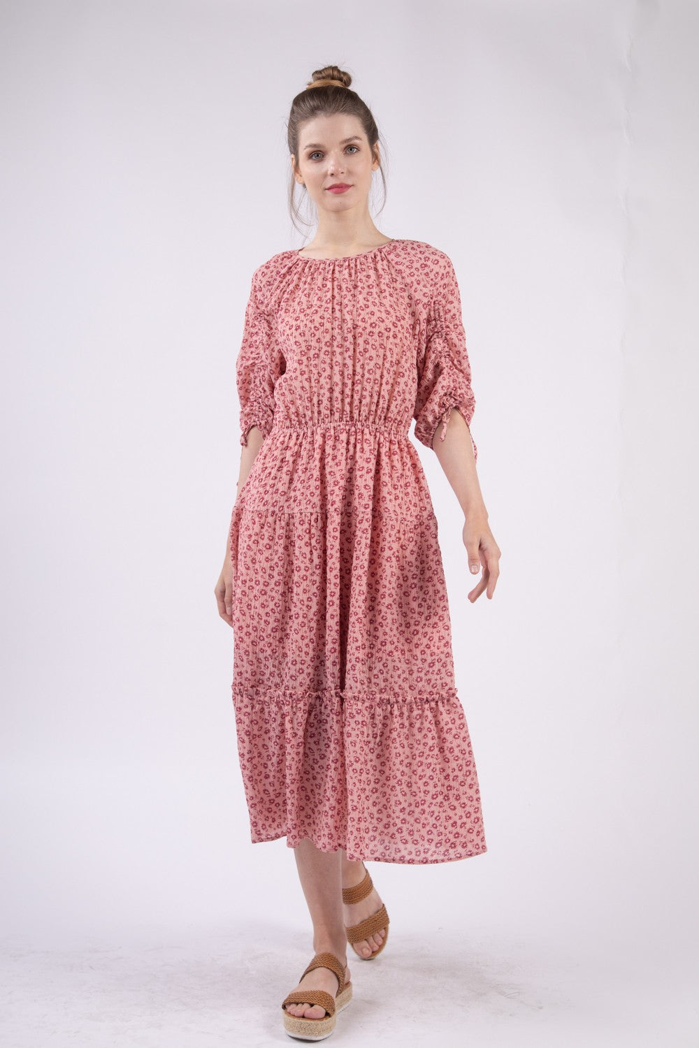 VERY J Floral Round Neck Tiered Midi Dress
