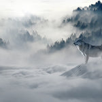 Wolf looking at mountain pattern tapestry
