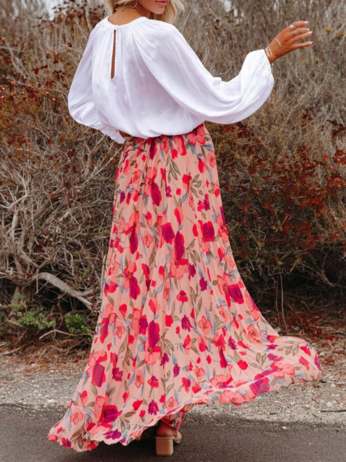 Printed Elastic Waist Pleated Maxi Skirt
