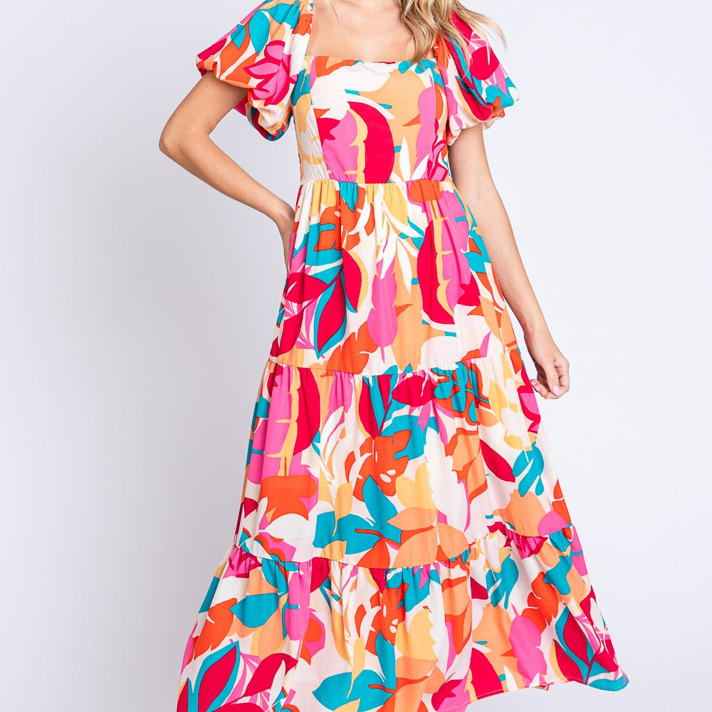 GeeGee Full Size Printed Smocked Back Tiered Maxi Dress
