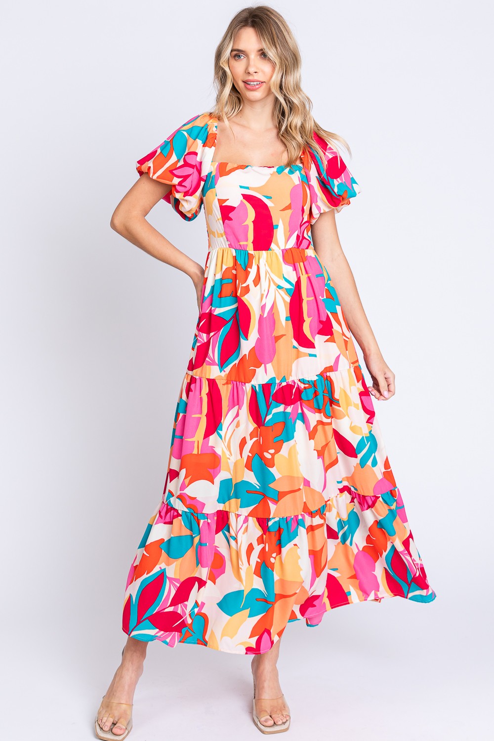 GeeGee Full Size Printed Smocked Back Tiered Maxi Dress
