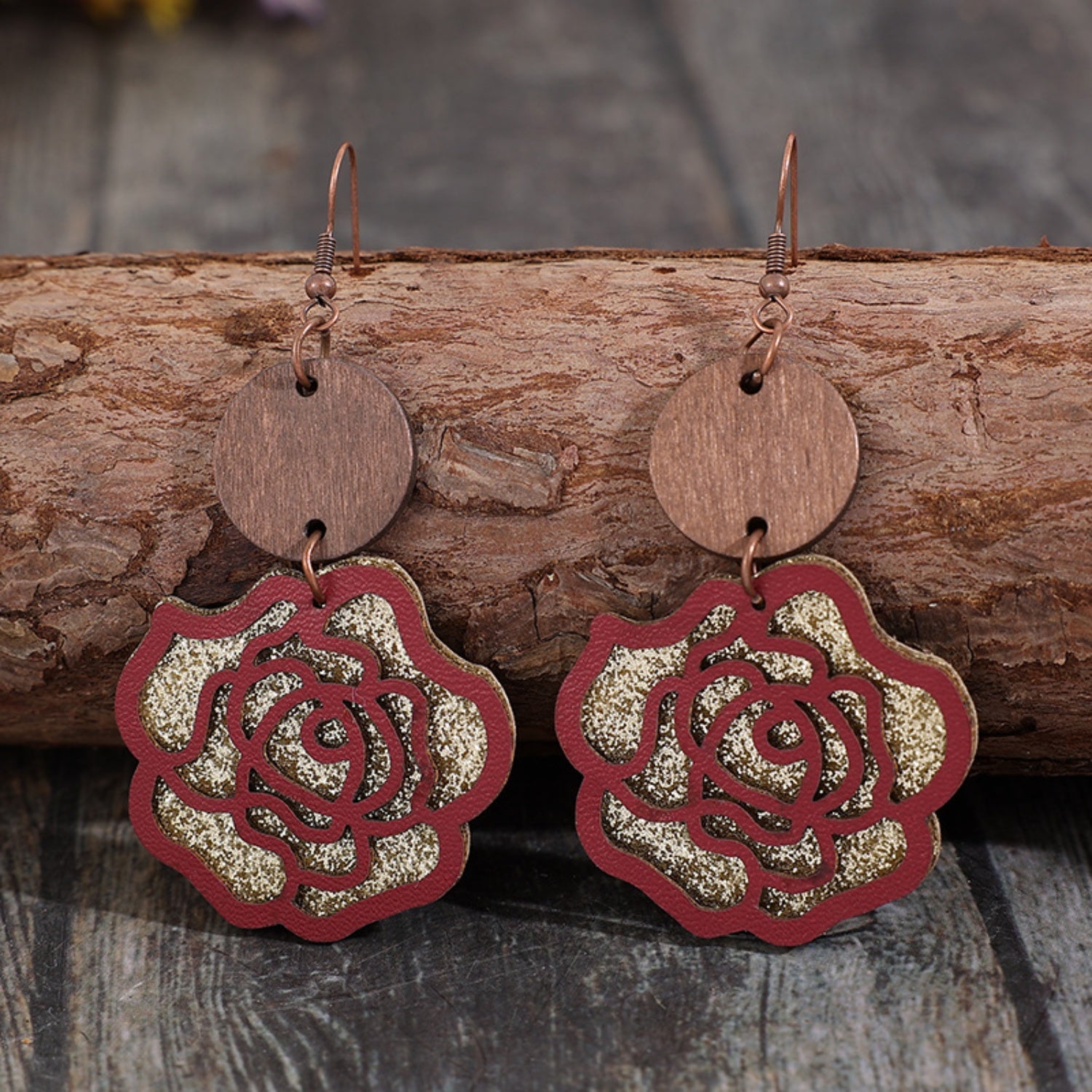 Wooden Alloy Rose Shape Dangle Earrings
