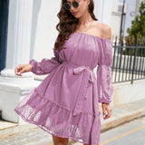 Swiss Dot Off-Shoulder Balloon Sleeve Dress
