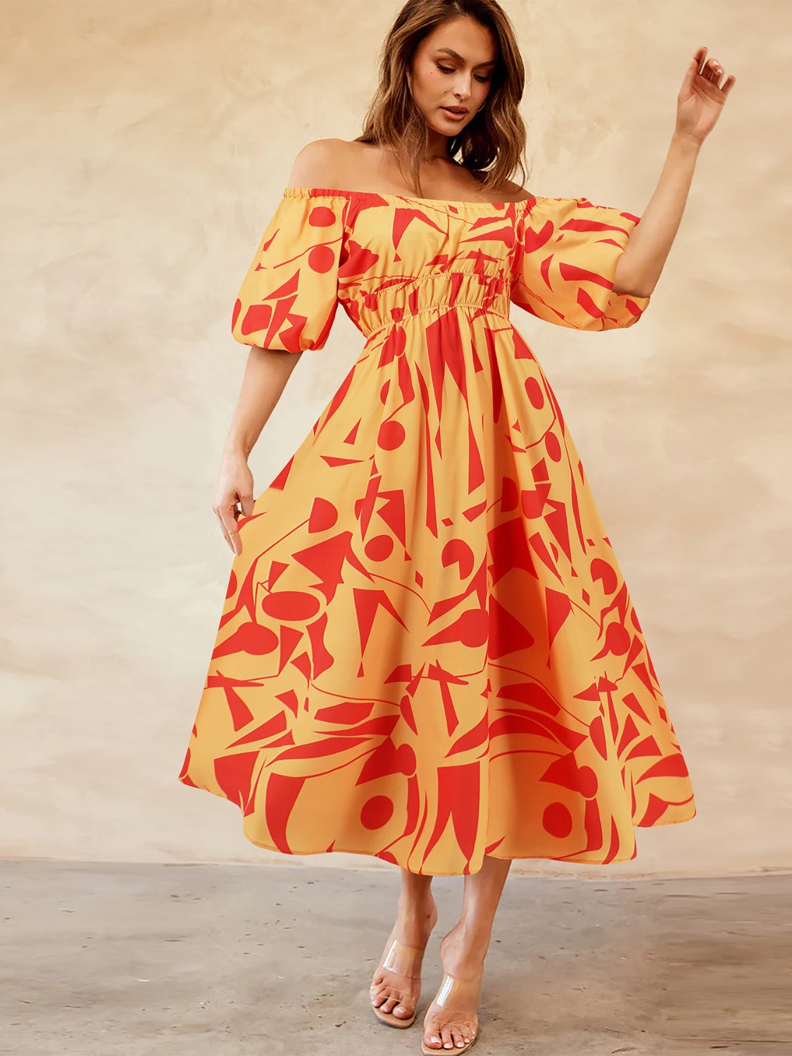 Printed Off-Shoulder Balloon Sleeve Dress
