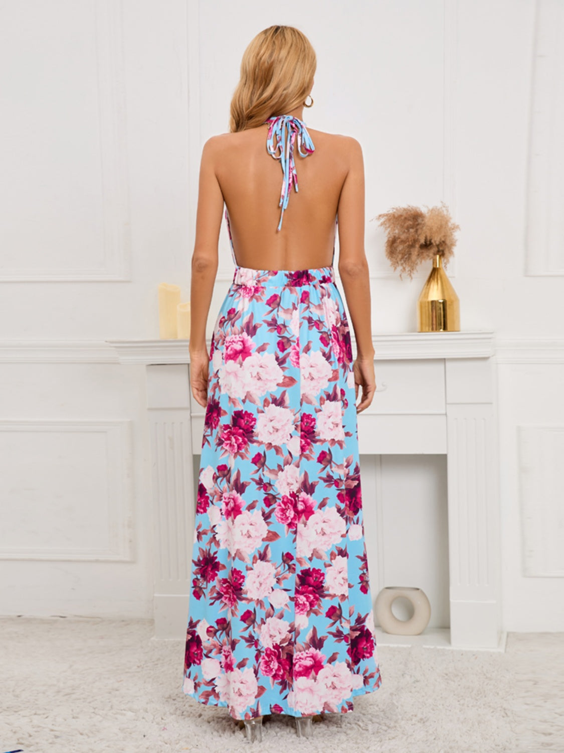 Slit Backless Printed Halter Neck Dress
