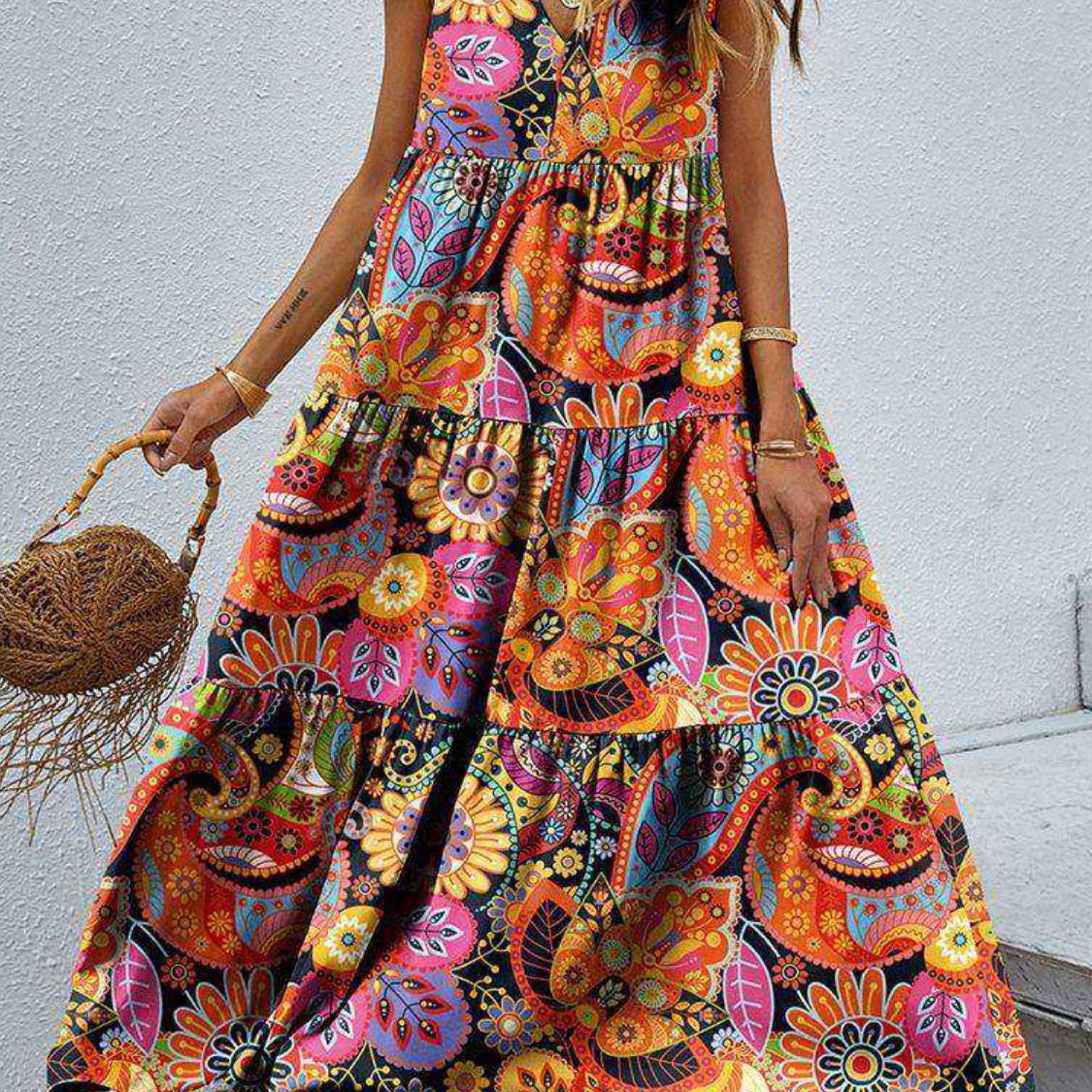 Tiered Printed V-Neck Sleeveless Dress
