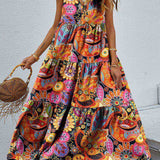 Tiered Printed V-Neck Sleeveless Dress
