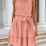 Ruched Grecian Neck Tie Waist Mini Dress
