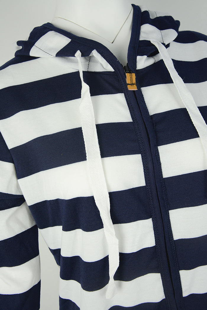 Hooded large size long sleeve striped sweater
