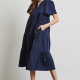 HEYSON Full Size Cotton Poplin Ruffled Tiered Midi Dress
