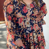 Plus Size Smocked Printed Long Sleeve Dress
