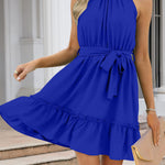 Ruched Grecian Neck Tie Waist Mini Dress
