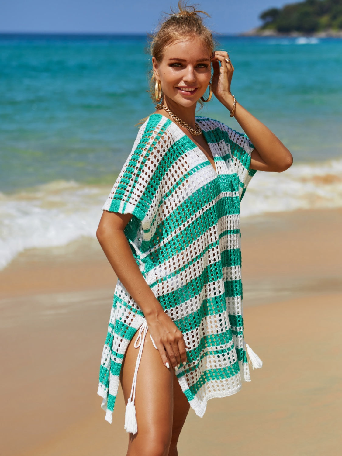 Tassel Openwork Striped V-Neck Cover Up
