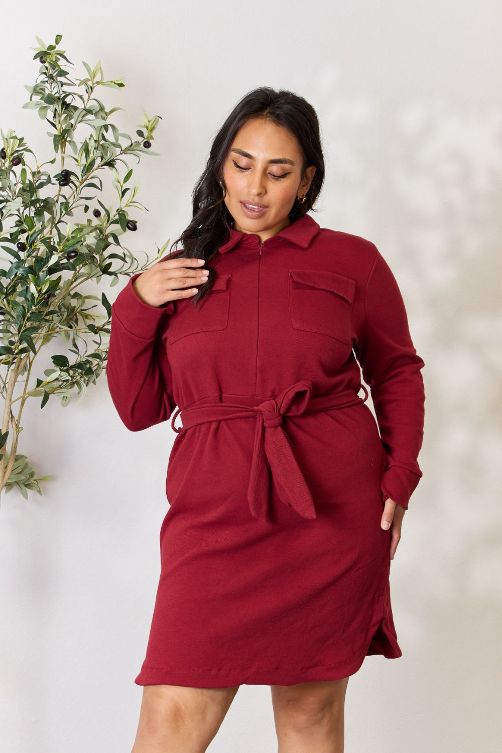 Culture Code Full Size Tie Front Half Zip Long Sleeve Shirt Dress
