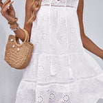 Eyelet Tie Neck Sleeveless Mini Dress
