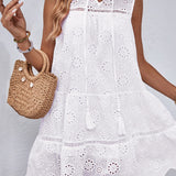 Eyelet Tie Neck Sleeveless Mini Dress
